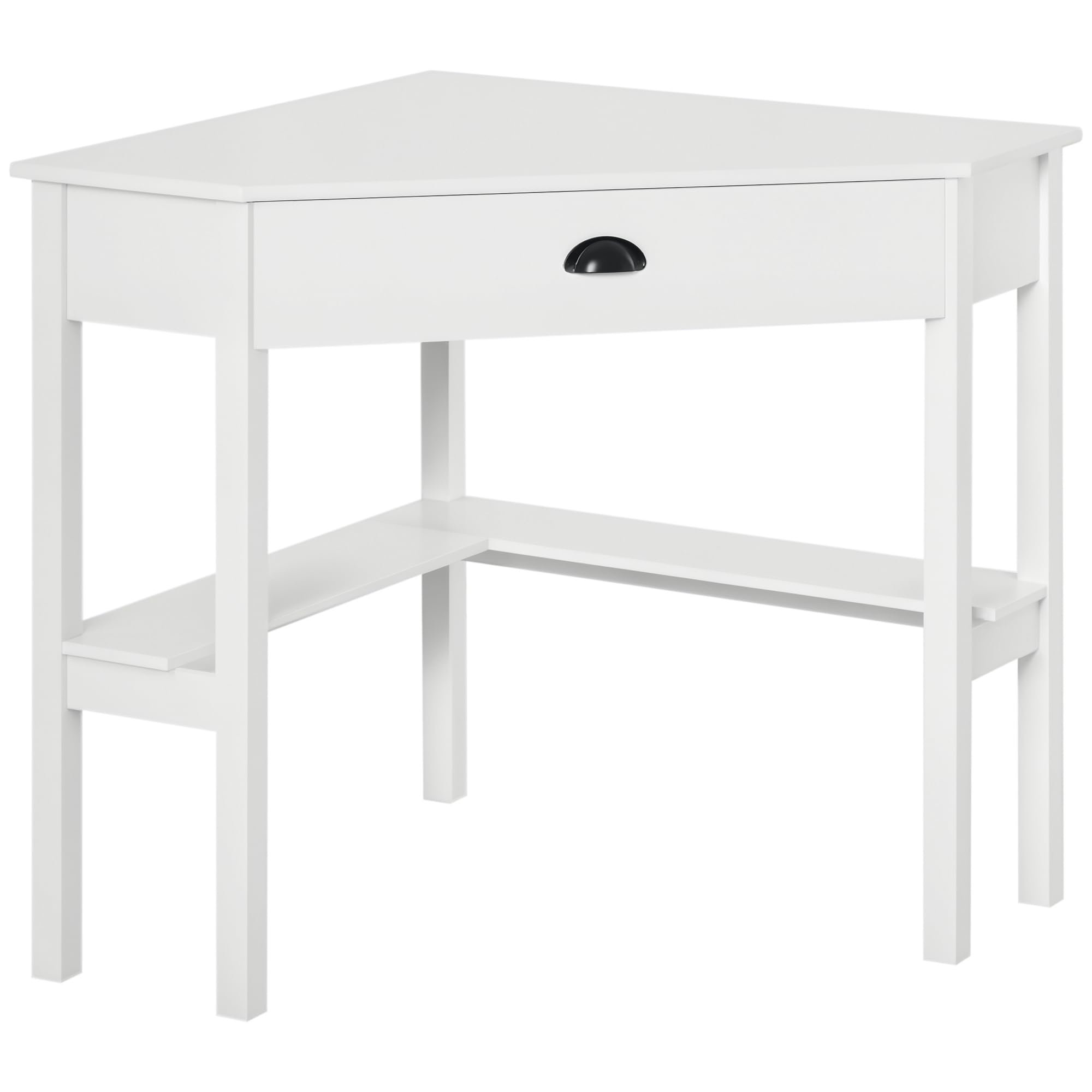 HOMCOM Corner Desk, Triangle Computer Desk with Drawer and Storage Shelves for Small Spaces, Home Office Workstation for Living Room, or Bedroom, WhiteThe Forest Stewardship Council