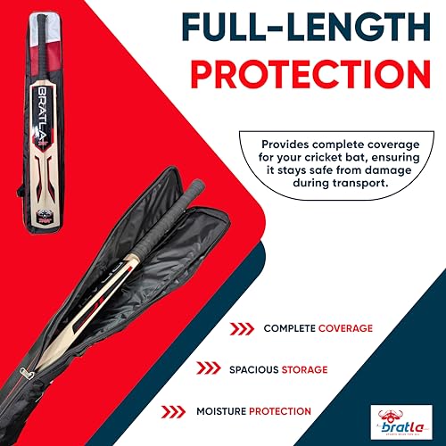 Bratla Cricket Bat Cover Bag For Full Size Bat Adjustable Shoulder Strap Foam Padded - Secure and Convenient Cricket Gear Storage Bag Black/Red