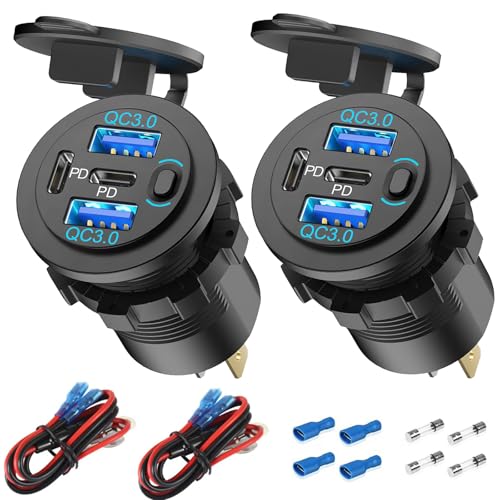 2 Paquete 78W Toma USB 12V Cargador de Coche, Super Rápido Doble PD3.0 & QC3.0 Múltiples Puertos USB para Coche, USB C Encendedor de Repuesto Enchufe de 12 Voltios Impermeable para Marina Barco Moto