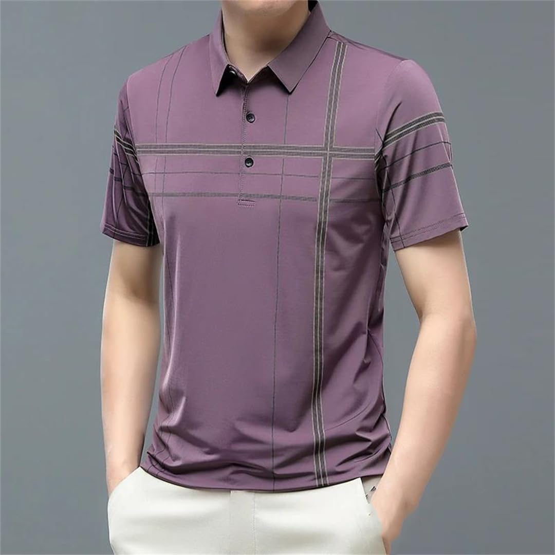 Męskie biznesowe koszulki z krótkim rękawem w paski nadruk codzienna klasyczna koszulka robocza z klapą