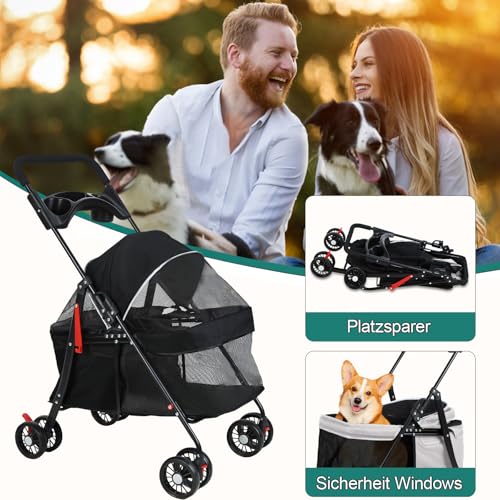 2-in-1 Hundebuggy bis 15 kg – Hundewagen & Katzenwagen klappbar mit Feststellbremse, Getränkehalter & Stauraum, Faltbarer Hunde Buggy für Reisen & Spaziergänge, 49.5×69.5×98 cm