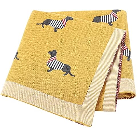 Baby Blanket Knitted 100% Cotton Soft Blankets for Newborn Boy Girls Sausage Dog Dachshund 100x80cm Mustard Yellow Cover