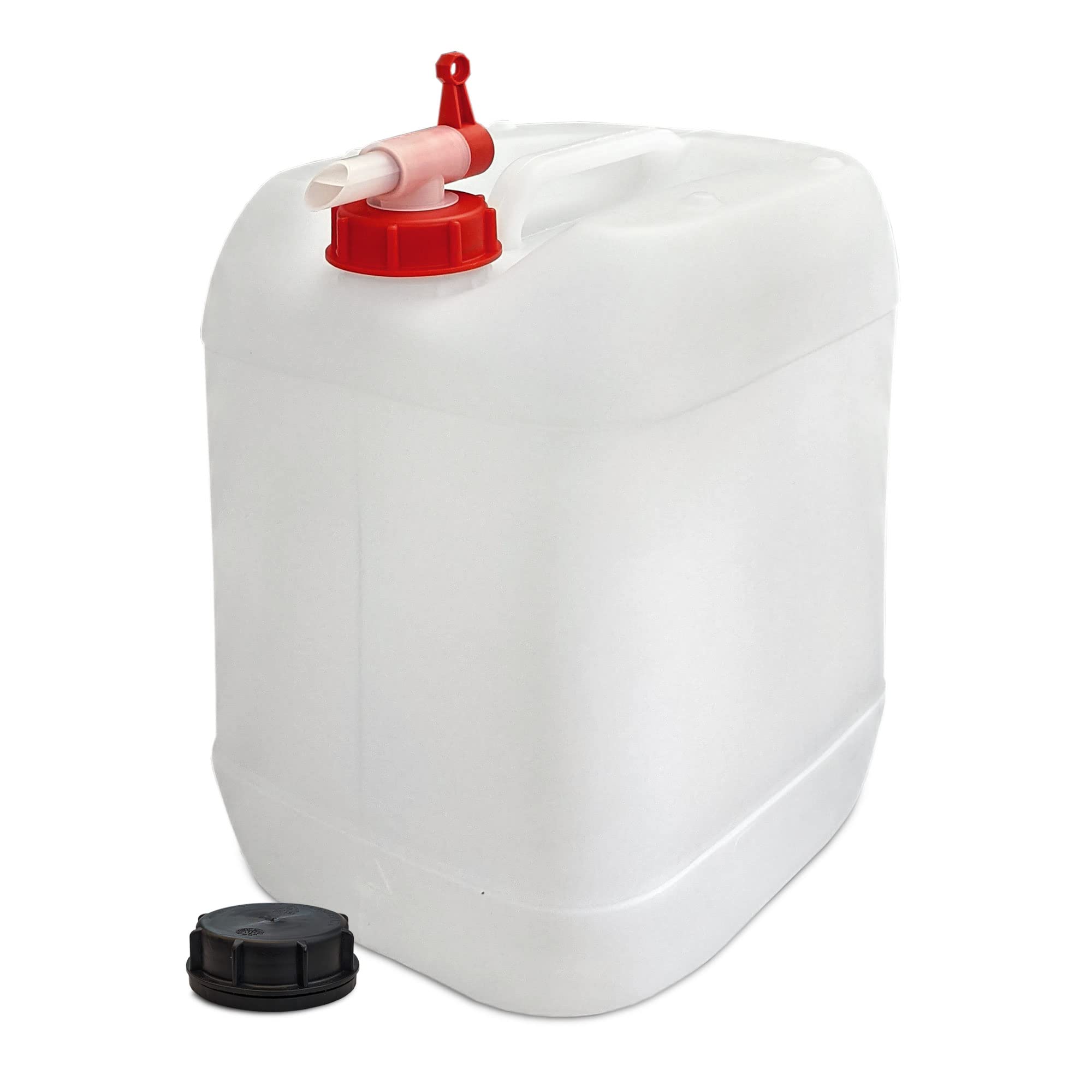 plasteo® 3er Set: 20 Liter Getränke- Wasserkanister Natur mit Hahn, Schraubdeckel und flexiblem Ausgießer (DIN 61) | Lebensmittelecht | Tragbar | Indoor und Outdoor | BPA Frei