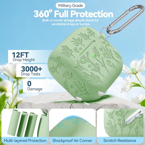 Image of Flower Engraved Case for Apple AirPods Pro 2 Gen with Clean Kit,Soft Silicone Protective Case Cover for AirPod Pro 2nd /1st Generation Keychain,Lanyard,3 Pair Ear Tips,Front LED Visible,Pistachio Green
