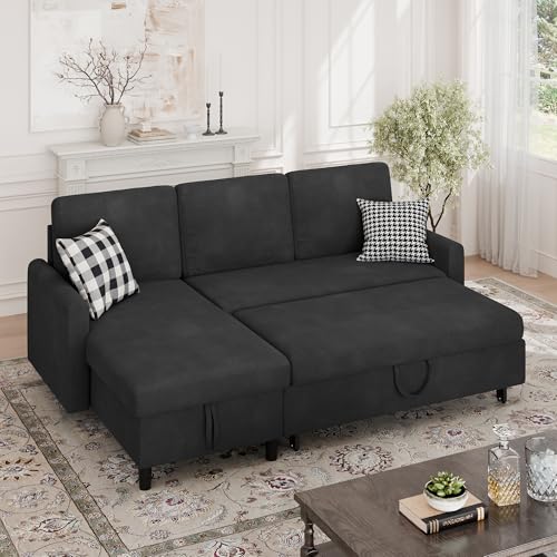 Walsunny Sectional Sofa Couch Bed L Shaped Sleeper Sofa Bed Pull Out Bed with Storage, Reversible Sectional Couches for Living Room, Apartment, Office(Black)