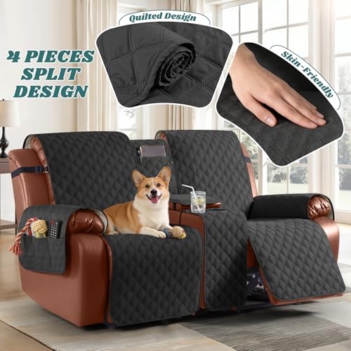 Image of Ruaozz Waterproof Recliner Loveseat Cover with Console, Non-Slip Couch Cover for Double Recliner Split Sofa with Elastic Straps for Kids, Dogs, Pets (Black, 2 Seater)