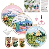 Konrisa 3 Pcs Landscape Embroidery Kits, Mountain Flower Village Pattern Cross Stitch Kit, DIY Sewing Practice Kits for Adults Home Decoration,Include Embroidery Cloth Threads and Needles,1pc Hoops