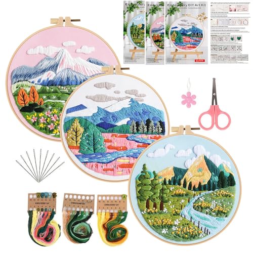 Image of Konrisa 3 Pcs Landscape Embroidery Kits, Mountain Flower Village Pattern Cross Stitch Kit, DIY Sewing Practice Kits for Adults Home Decoration,Include Embroidery Cloth Threads and Needles,1pc Hoops