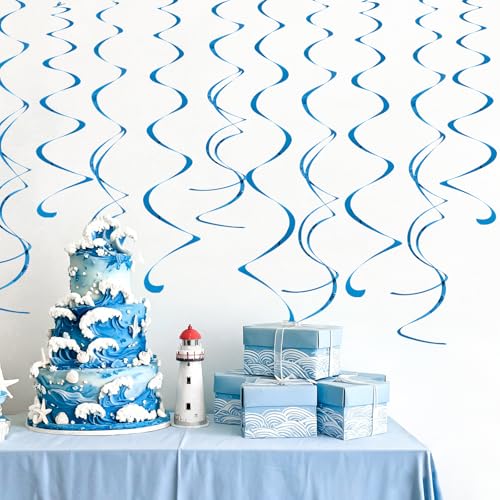 Image of Blue Ceiling Swirl Foil Decorations Hanging Plastic Streamer Themed Swirl Party for Birthday Wedding Baby Shower Sea Nautical Themed Party, Pack of 28