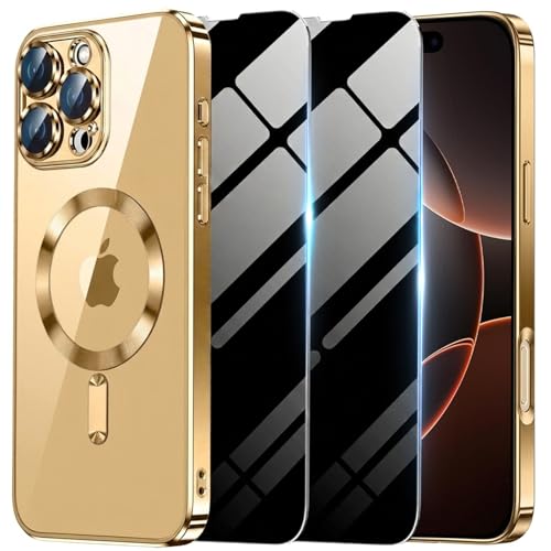 Haiseire Magnetic Case for iPhone 16 Pro Max with 2 Privacy Screen Protector [Compatible with MagSafe] Non-Yellowing Shockproof Protective Phone Case for iPhone 16 ProMax Gold