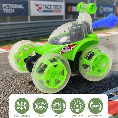 Image of NHR Launch RC Stunt Car for Kids, 360 Rotating Remote Control Car with Smoke Spray, Music & Lights, High-Speed Rechargeable Toy Vehicle Gift for Boys & Girls (2+ Years, Green)