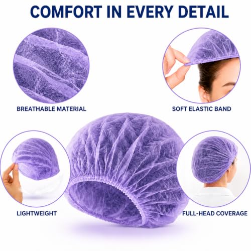 Image of Disposable Bouffant Caps, 21inches Hair Net, Elastic Dust Cap for Food Service, Kitchen Head Cover (Purple)