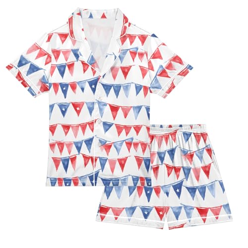 Colorful Cartoon Flags Pattern Summer Satin Pajama Set, Cute Button-Down Sleepwear Pj Set for Sleep Wears