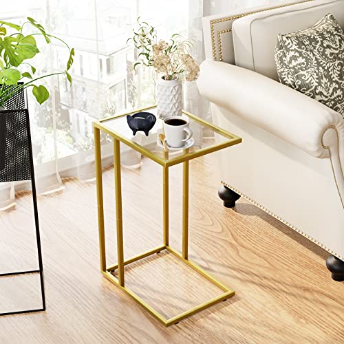 Easy Paws C Shaped Glass End Table, Small Gold Sofa Side Table, Narrow Snack Side Table With Metal Frame &Tempered Glass, Tv Tray Table For Small Space, Easy Assembly,Gold #TOP1