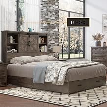 HOWE Farmhouse Queen Size Bed Frame with 51.2" Bookcase Headboard, Wooden Platform Bed with 2 Drawers, Sliding Barn Door Dec, Storage Bed with Charging Station, No Box Spring Needed, Brown
