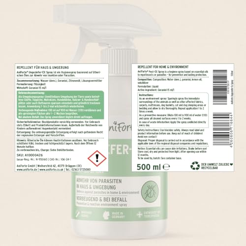 AniForte Ungeziefer-Ex Spray 500ml – Umgebungsspray bei akuten Befall gegen Mücken, Insekten, Milben, Läuse, Bettwanzen, Ungeziefer Spray für Zuhause, Hunde & Katzen Liegeplätze, Insektenspray Abwehr
