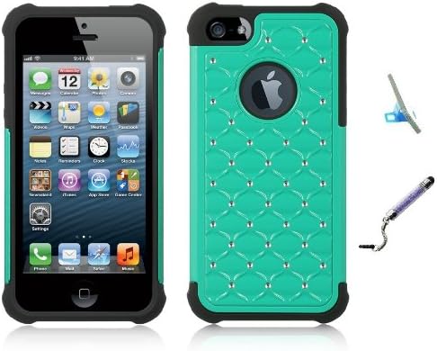 Premium New Apple Iphone 5 Studded Diamond Dual Layer Protective Case, Phone Stand, Crystal Stylus, Stand (Teal)