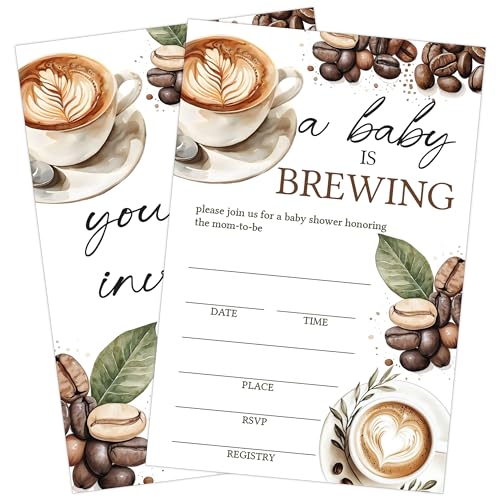 SIXEIGHT A Baby Is Brewing Baby Shower Invitation, Baby Shower Party Invitations for Boy Girl, 25 Pack Double-sided Invites with Envelopes, Coffee Gender Reveal Party Supplies Decorations-A17