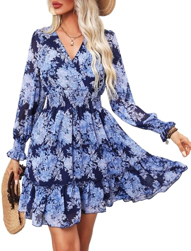 Image of Prettywear Women's Floral Boho V Neck Long Sleeve Mini A-Line Dresses 2024 Spring Summer Casual Flowy Ruffle Chiffon Dress, Medium