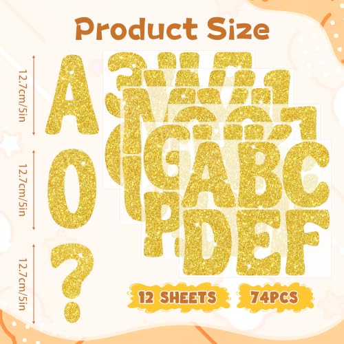 Image of Bulletin Board Letters 74 PCS Glitter Gold Letter Stickers Large 5 Inch | 12 Sheets,Alphabet Number Stickers,Self-Adhesive,Sticker Letters for Poster Board,Classroom,Display,Mailbox,Craft,Party Decor