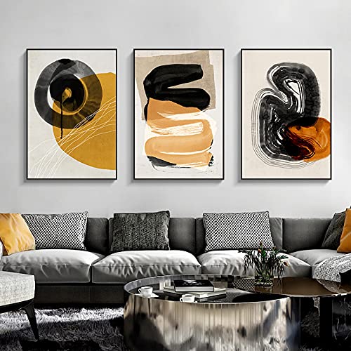 Art mural géométrie noir et jaune pour habiller élégamment un grand mur de salon vide