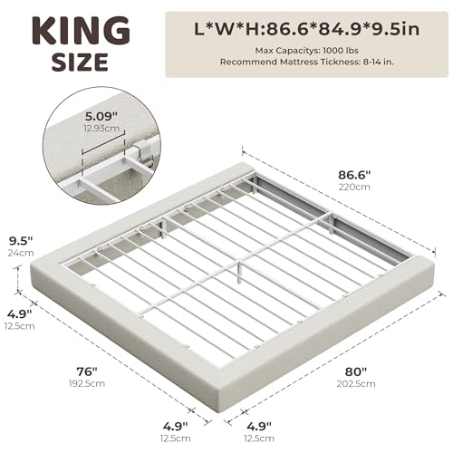 Image of RECCI AirFrame Bed Frame, Cloud Upholstered Platform Bed Frame, 5 Inch Fully Boxy Foam Cushioned, Square Shape Base, No Box Spring Needed, Easy Assembly, Soft Low-Profile (Cream Boucle, King)