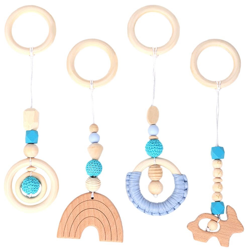 FENYW 4 Juguetes de Gimnasia de Madera para bebé, Colgante de Arco de Juego de Madera, sonajeros para Colgar Madera, Arco de Juego Activo, Arco de Juego de Madera para bebé (Azul)