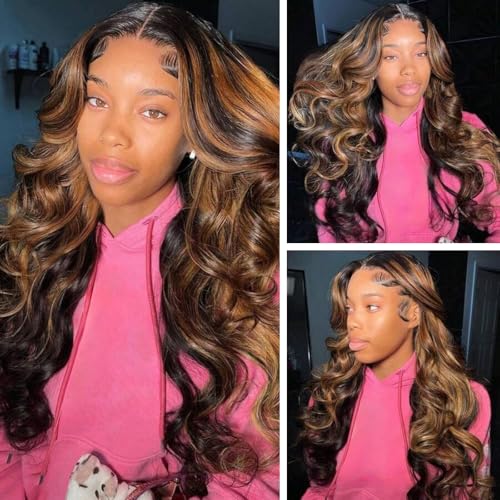 Image of MUZOJET 1B /30 Highlight Ombre Balayage 13x6 Lace Front Wigs Human Hair Black and Blonde FB30 HD Transparent Lace Front Wig Human Hair Pre Plucked with Baby Hair for Black Women 180% Density 30 Inch
