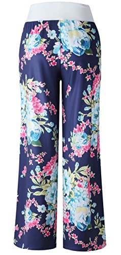 X-Image Women's Comfy Pajamas Pant Striped Polka Dot Floral Print High Waist Wide Legs Casual Palazzo Lounge Pants Blue 4, X-Large #TOP7
