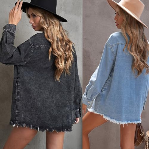 Meditatem Denim Jacket, 2025 Women's Casual Denim Button Down Distressed Jacket, Oversized Button Up Frayed Hem Shacket 6