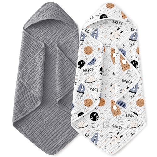 Image of Yoofoss Hooded Baby Towels for Newborn 2 Pack 100% Muslin Organic Cotton Baby Bath Towel with Hood for Babies, Infant, Toddler and Kids, 32x32Inch, Soft and Absorbent Newborn Essential, Grey Planet