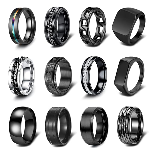 EIELO 12Pcs Rings for Men Stainless Steel Band Square Signet Rings Pinky Thumb Black Chunky Thick Dome Cuban Link Chain Ring Simple Cool Finger Ring Wedding Band Ring for Men Size 12