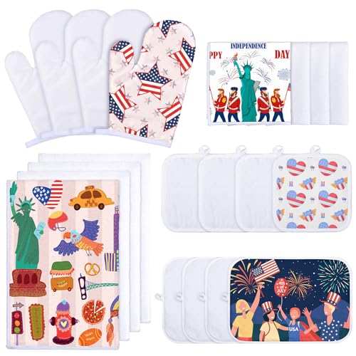 Suclain 20 Pcs Blank Sublimation Oven Mitts Set Include Blank Sublimation Towels Heat Resistant Oven Mitts Gloves and Pot Holders Insulation Pads Placemats for Holiday DIY Kitchen Cooking
