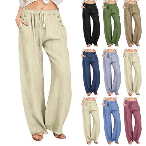 Linen Pants Women 2024 Casual Palazzo Drawstring Elastic Waist Straight Wide Leg Pant Solid Long Trousers with Pocket4
