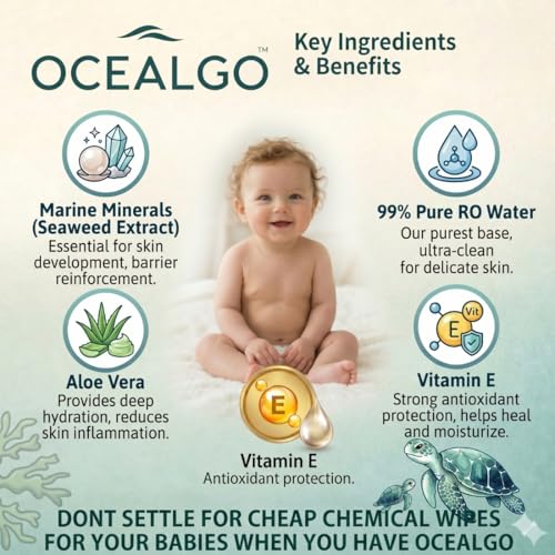 Image of Seaweed Baby Wipes (6pk) | 99% Pure Water, Aloe Vera & Vitamin E | Gentle for Face & Body | Hydrating, Alcohol-Free & Dermatologically Tested | Extra Smooth Design for Newborn Skin | 72 wipes