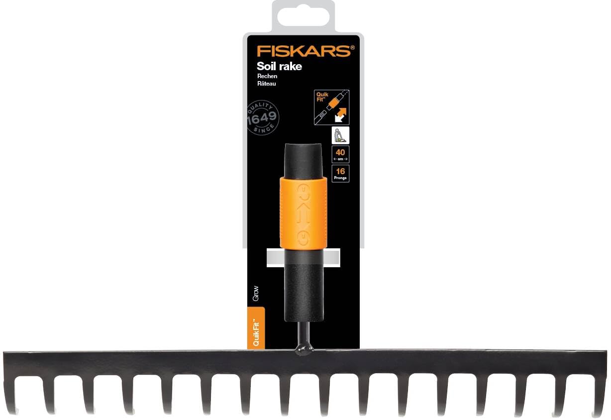 Fiskars Râteau à 16 dents, Tête d'outil QuikFit, Largeur: 40 cm, Acier au carbone, Noir/Orange, QuikFit, 1000654