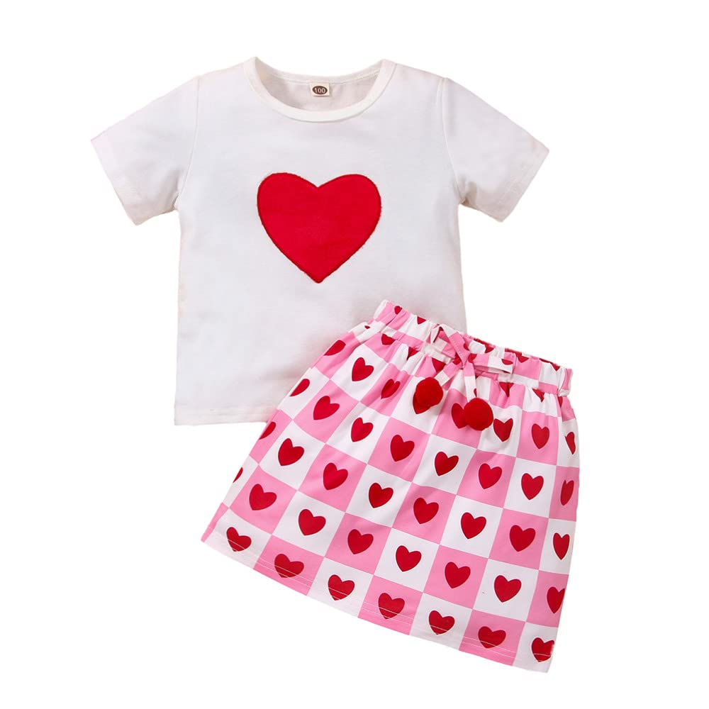 Kid Girls Valentine's Day Outfit Heart Letter Print Mesh Short Sleeve Tops+Belt Bowknot Button Skirt Summer Suit (White, 12-18M)