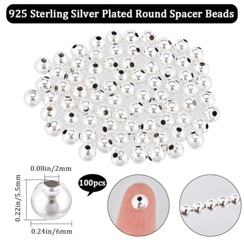 Beebeecraft 1 Box 100Pcs 6mm 925 Sterling Silver Plated Round Spacer Beads Ball Smooth Loose Beads for Bracelet Necklace Jewellery Making Craft Supplies - Image 2