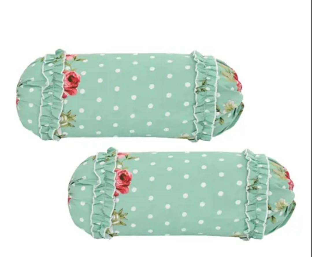 Premium Home/Hotel Multi Floral Print Bolster Covers|Round Bedside Long Pillow Cover|Dewan Frilled Pillow Cover Set |Bolster Cover Set of 2 Pcs| Pista - Green-image-49