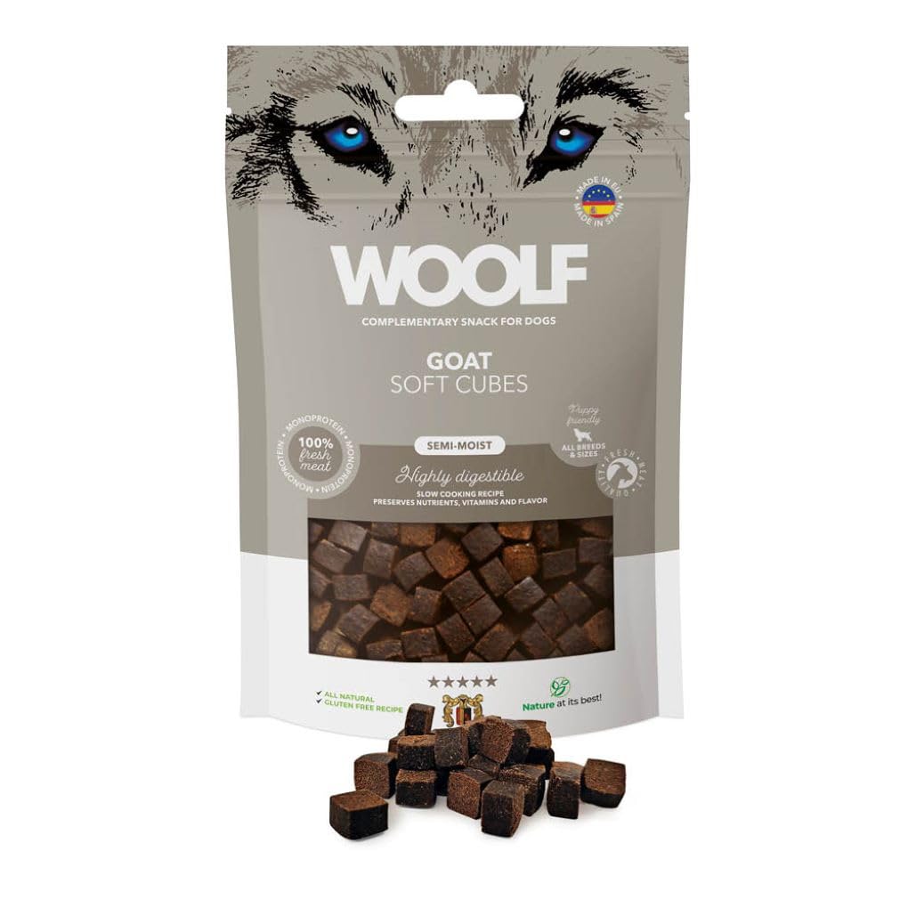 WoolfSoft Cubes - Complementary Snacks for Dogs. Semi-Moist and Gluten-Free Dog Treats with Natural Ingredients. Mono Protein Formula. Suitable for Dogs and Puppies (Goat, 100g)