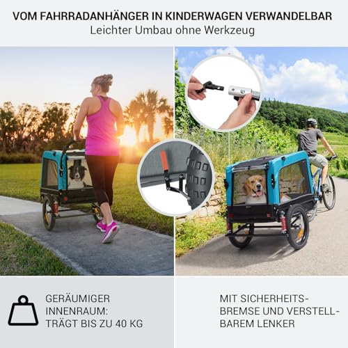 Klarfit Fahrradanhänger für Hunde, 2-in-1 Hundebuggy, Klappbar, Fahrradanhänger, Hundeanhänger Gefedert mit Reflektoren & Leine, für Hunde bis 40kg