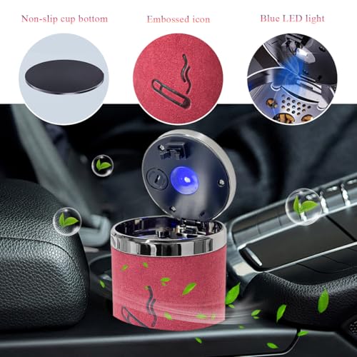 Image of Wevdn Car Ashtray with Lid, Detachable & Portable Stainless Steel Smokeless Ashtrays for Car, Mini Universal Smell Proof Windproof Car Ashtray with LED Blue Light (Red-Plush Surface)