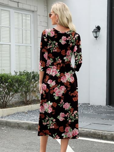 Image of Heymoments Women's Casual 3 /4 Sleeve Midi Dress Crewneck A Line Tiered Flowy Loose Travel Long Dresses with Pockets