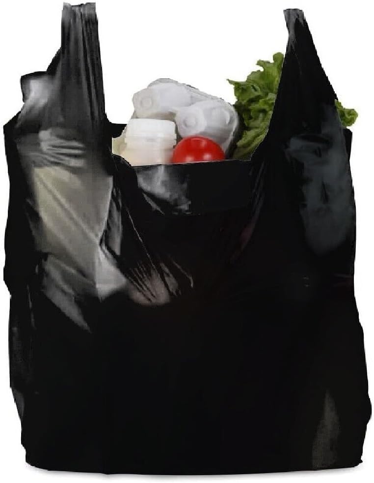 200 x Vest Carrier Bags 11" x 17" x 21" 18mu Black Heavy Duty Plastic Carry Shopping Supermarket Groceries Bag