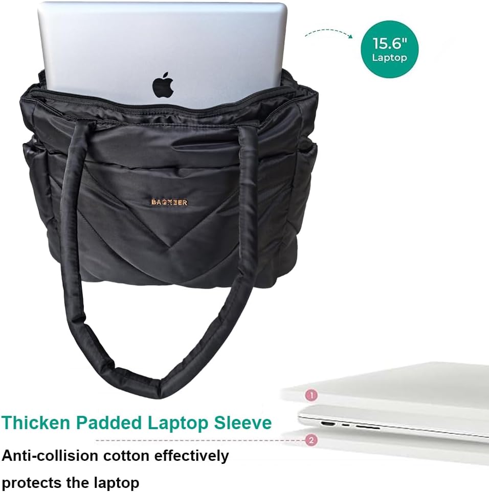 Puffer Tote Bag for Women, Lightweight Puffy Work Handbag Quilted Laptop Tote Teacher Nurse Travel Gym Shoulder Bag | Non-slip Bottom, Waterproof Fabric, YKK Zipper, Luggage Strap, 15.6" Computer Bag, Gifts for Women - Image 5