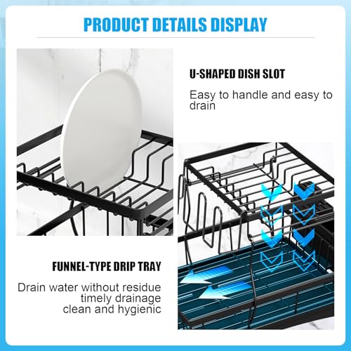 7 code Large Dish Drying Rack for Kitchen Counter,Detachable Large Capacity Dish Drainer Organizer with Utensil Holder,2-Tier Dish Drying Rack with Drain Board,Black - Image 4