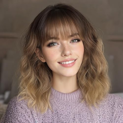 Image of Nnzes Short Wavy Bob Wig with Bangs for Women Shoulder Length Curly Ombre Brown Blonde Synthetic Heat-Resistant Fiber Hair for Daily & Party Use