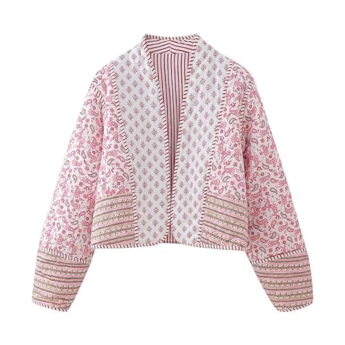 Women's Floral Quilted Puffer Jacket Y2k Cottagecore Short Padded Coats Floral Long Sleeve Cardigan Aesthetics Clothes