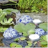 Storm's Gartenzaubereien Dekokugel - Schwimmkugel aus Keramik mit Blumenmuster blau in 3 Größen mit 2 Teelichtgläsern schwimmend als Teichdeko