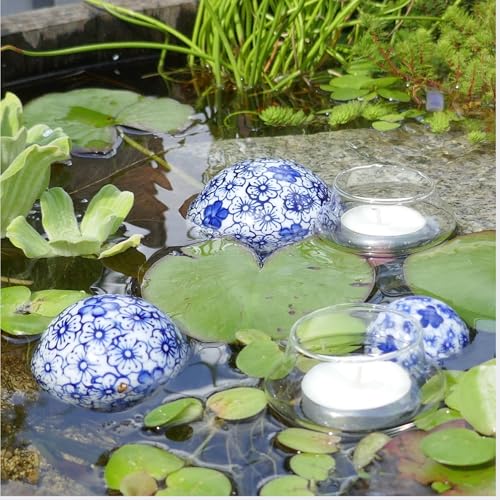 Storms Gartenzaubereien Dekokugel - Schwimmkugel aus Keramik mit Blumenmuster blau in 3 Größen mit 2 Teelichtgläsern schwimmend als Teichdeko